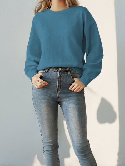 Long Sleeve Solid Color Crew Neck Knitted Sweater