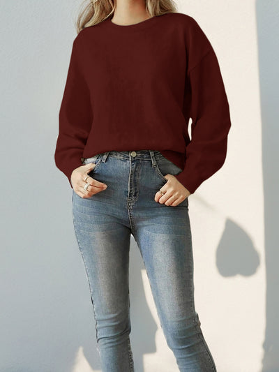 Long Sleeve Solid Color Crew Neck Knitted Sweater