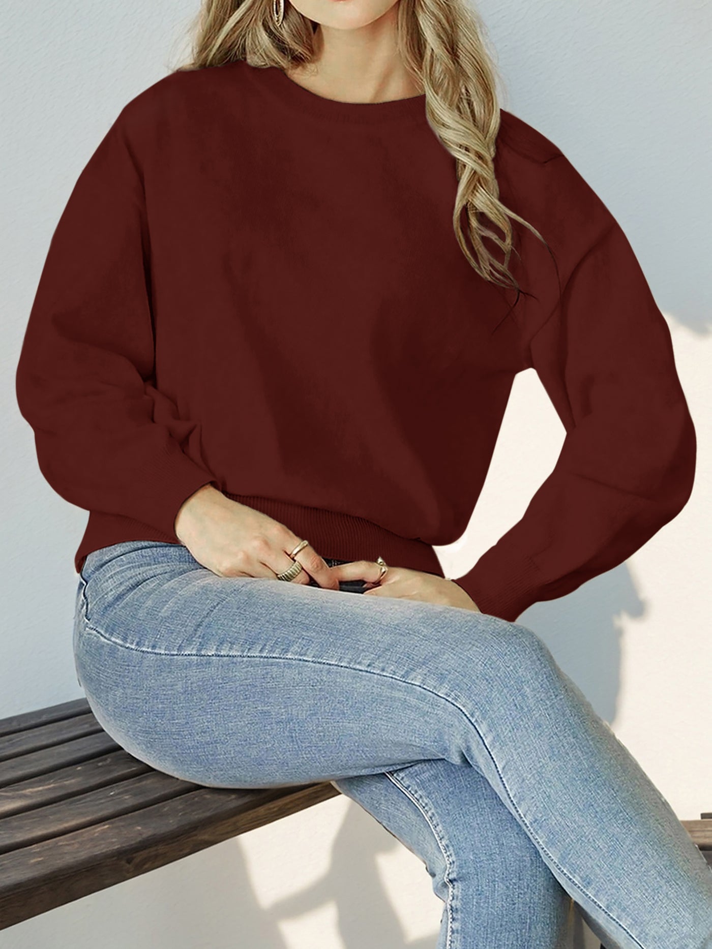 Allegra K Long Sleeve Solid Color Crew Neck Knitted Sweater