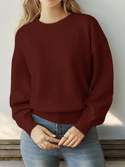 Long Sleeve Solid Color Crew Neck Knitted Sweater