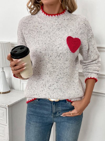 Mock Neck Long Sleeves Heart Knitted Sweater