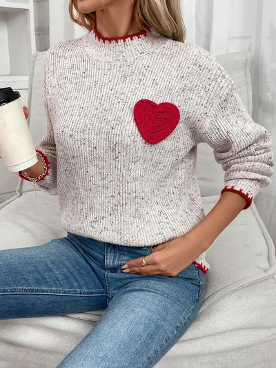 Mock Neck Long Sleeves Heart Knitted Sweater