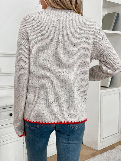 Mock Neck Long Sleeves Heart Knitted Sweater