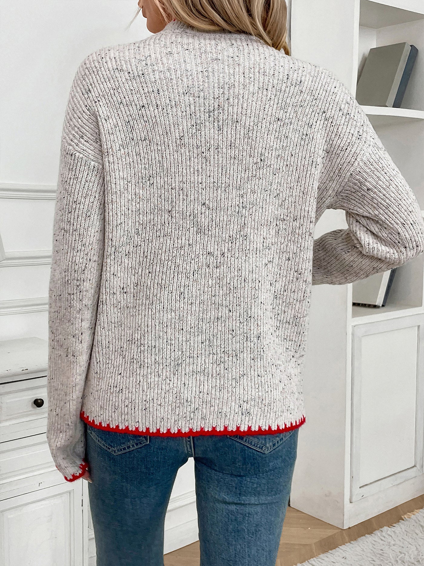 Allegra K Mock Neck Long Sleeves Heart Knitted Sweater