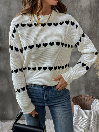 Long Sleeve Round Neck Heart Pattern Sweater