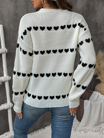 Long Sleeve Round Neck Heart Pattern Sweater