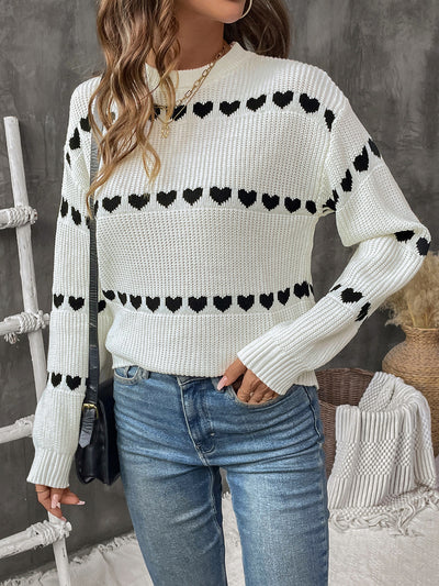 Long Sleeve Round Neck Heart Pattern Sweater