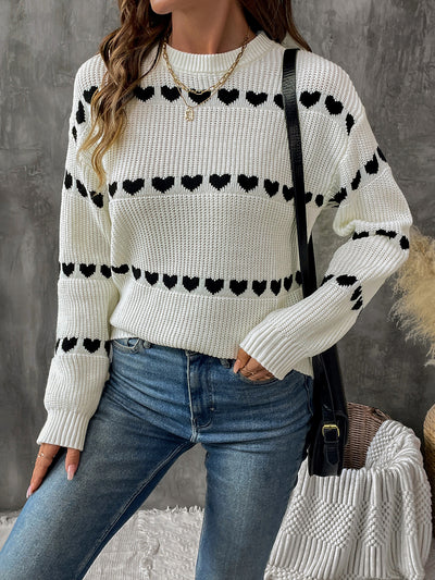 Long Sleeve Round Neck Heart Pattern Sweater