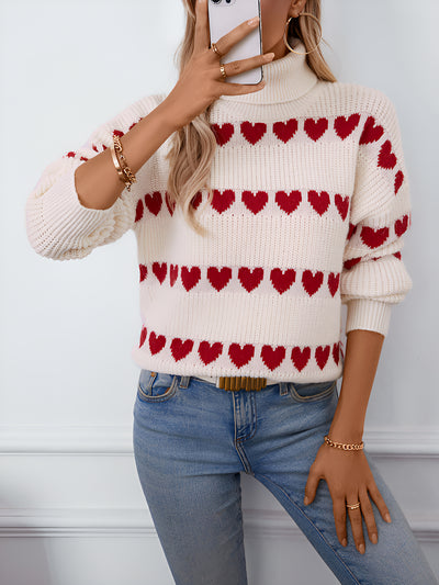 Turtle Neck Heart Print Knitted Pullover Sweater