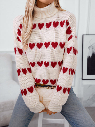 Turtle Neck Heart Print Knitted Pullover Sweater