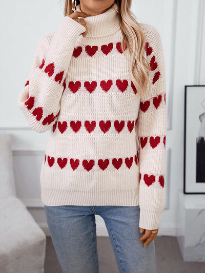 Turtle Neck Heart Print Knitted Pullover Sweater