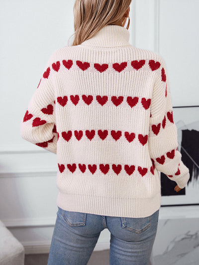 Turtle Neck Heart Print Knitted Pullover Sweater