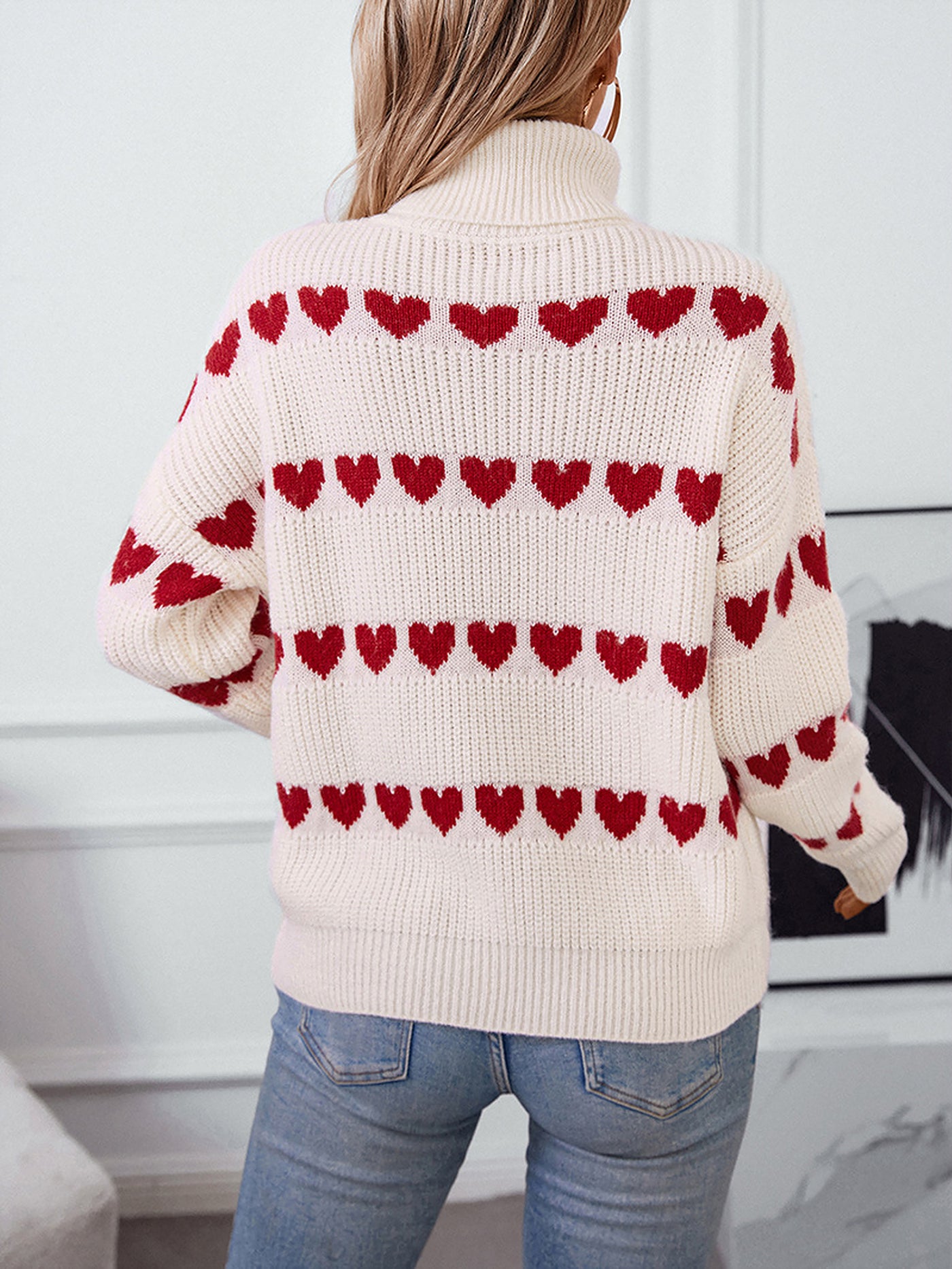 Allegra K Turtle Neck Heart Print Knitted Pullover Sweater