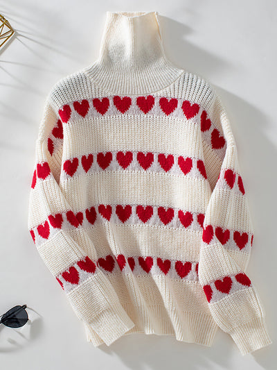 Turtle Neck Heart Print Knitted Pullover Sweater