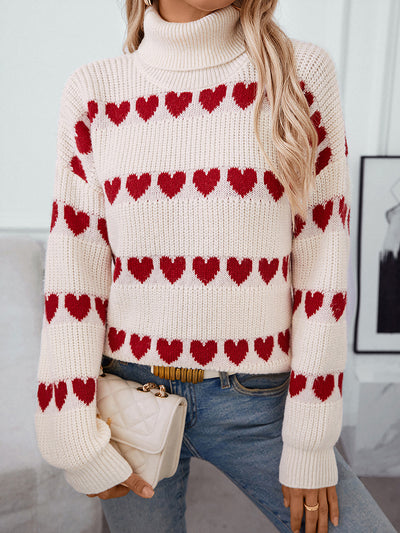 Turtle Neck Heart Print Knitted Pullover Sweater