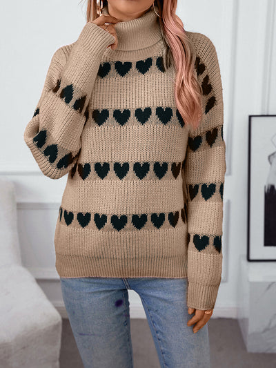 Turtle Neck Heart Print Knitted Pullover Sweater