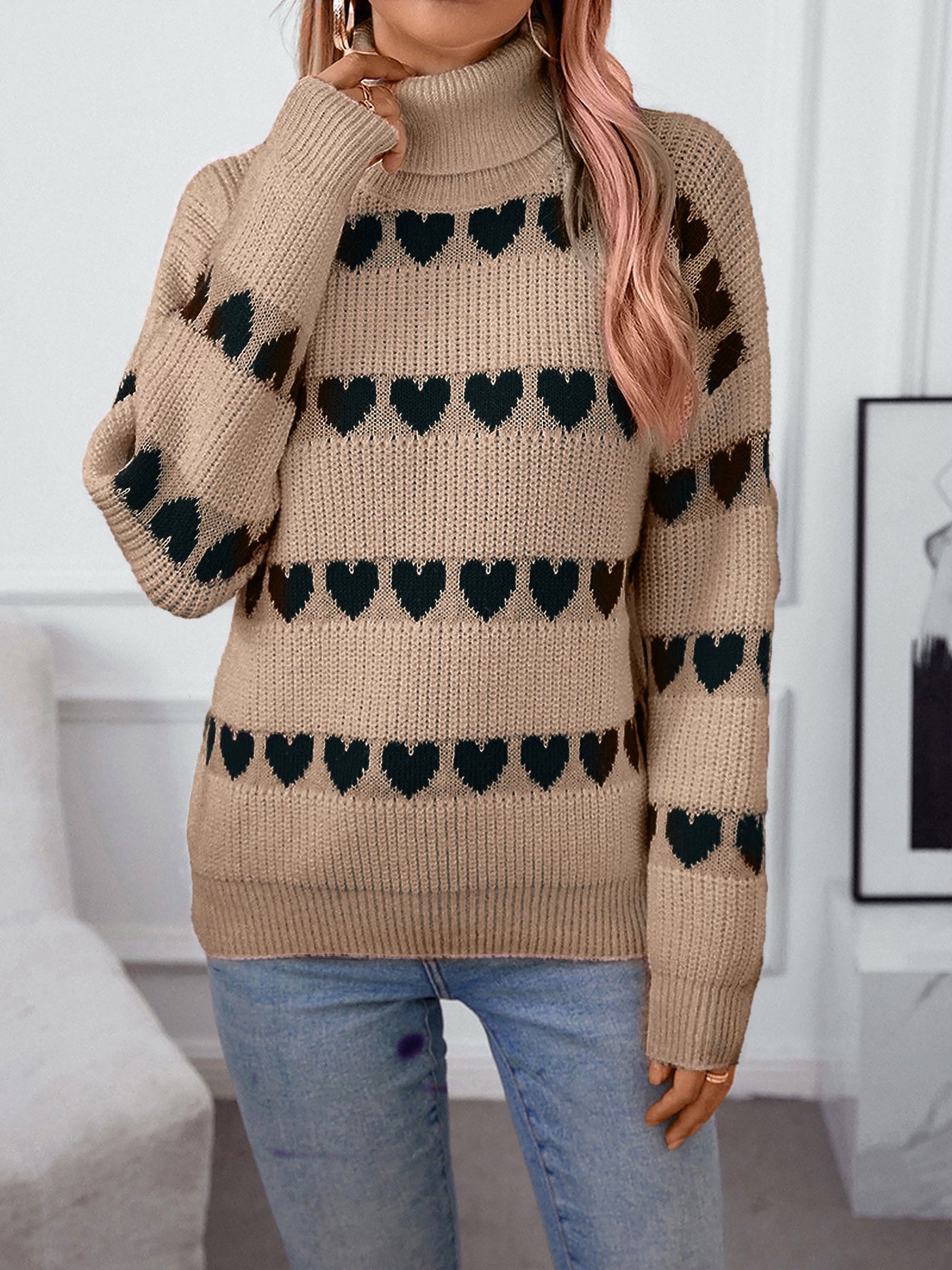 Allegra K Turtle Neck Heart Print Knitted Pullover Sweater