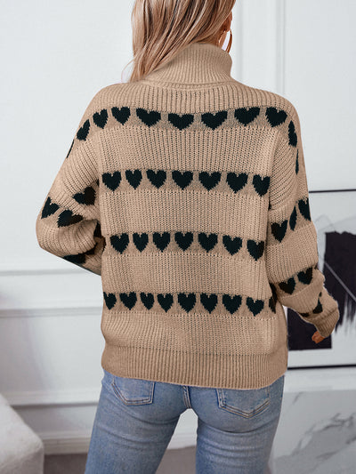 Turtle Neck Heart Print Knitted Pullover Sweater