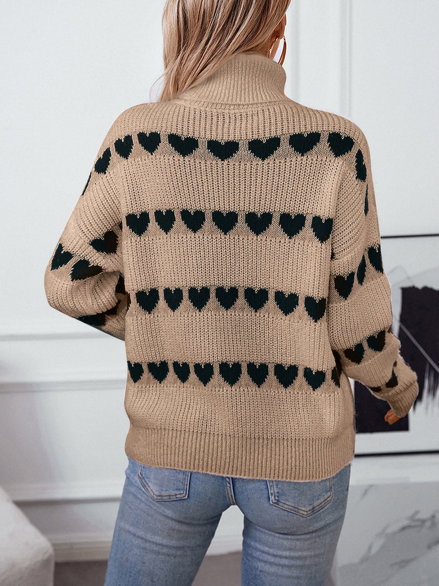 Allegra K Turtle Neck Heart Print Knitted Pullover Sweater