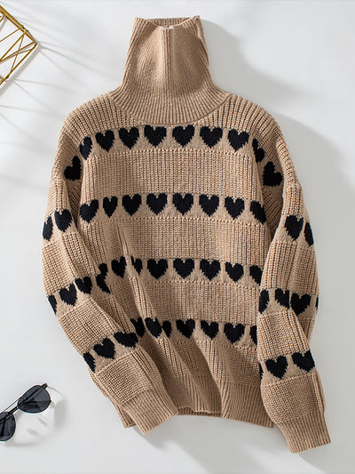 Turtle Neck Heart Print Knitted Pullover Sweater