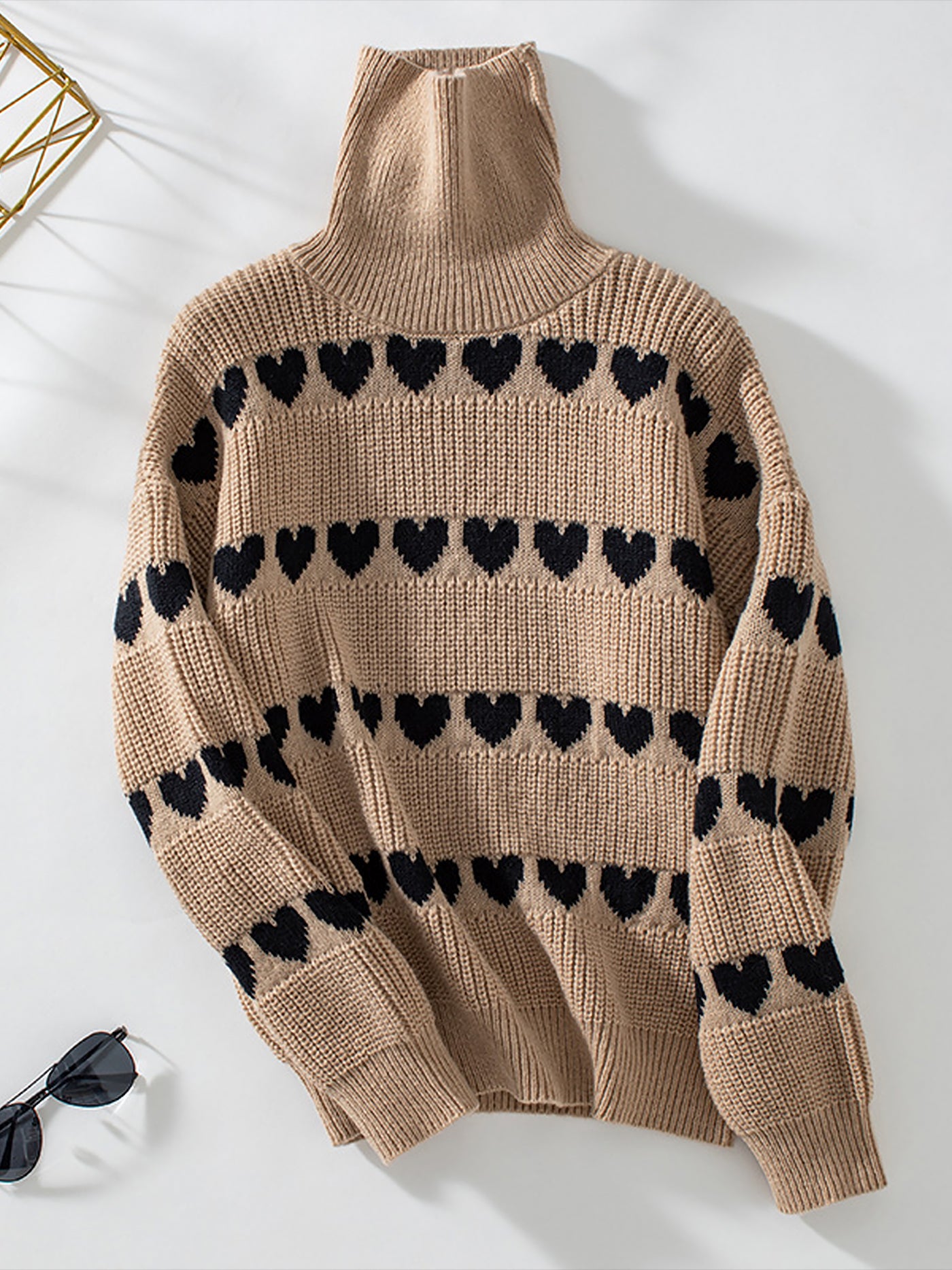 Allegra K Turtle Neck Heart Print Knitted Pullover Sweater