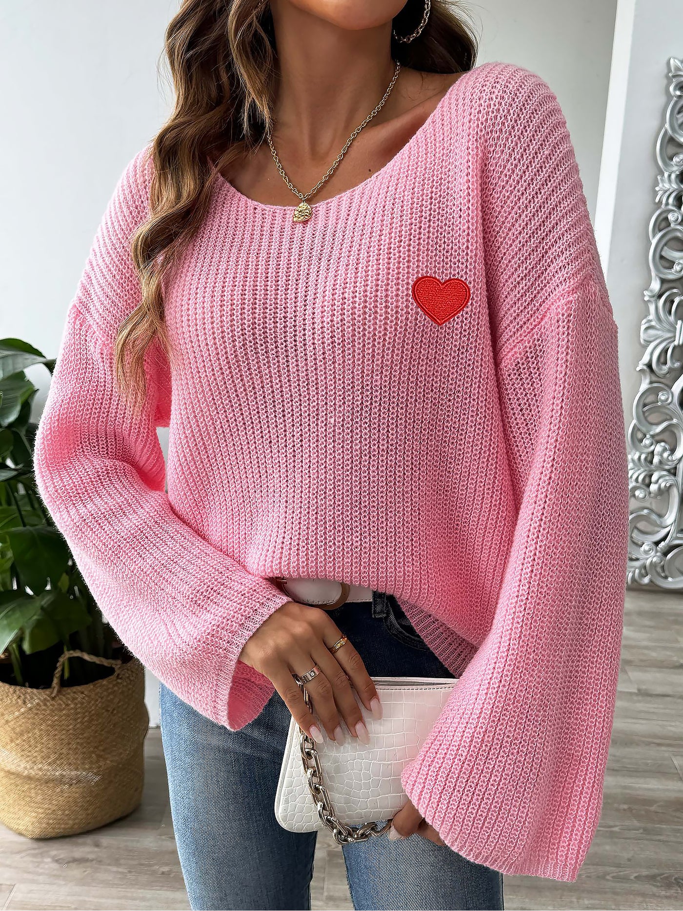 Allegra K Heart Graphic Long Sleeves Pullover Knitted Sweater