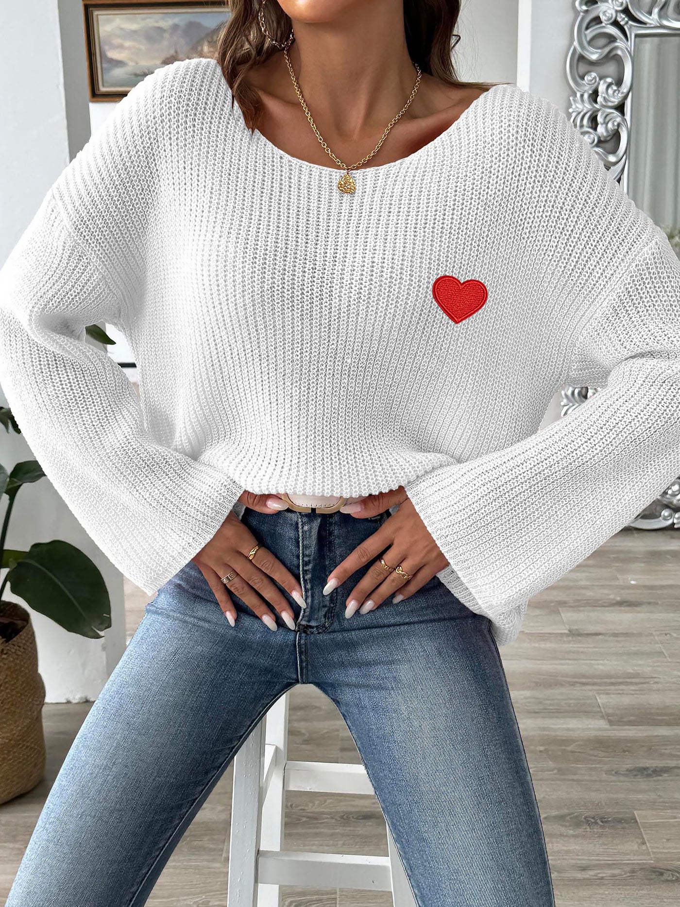 Allegra K Heart Graphic Long Sleeves Pullover Knitted Sweater