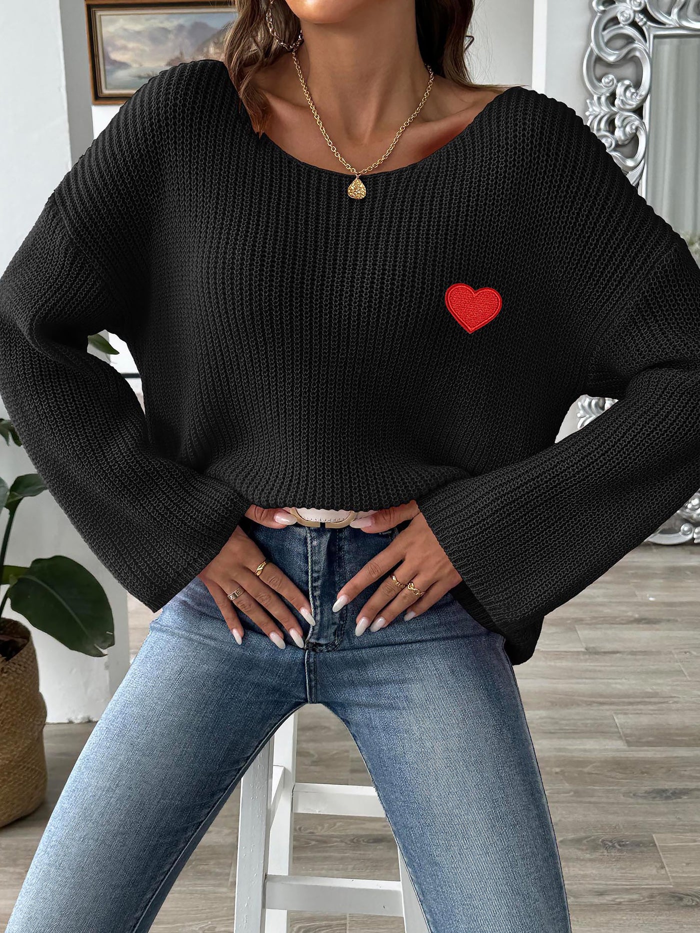 Allegra K Heart Graphic Long Sleeves Pullover Knitted Sweater