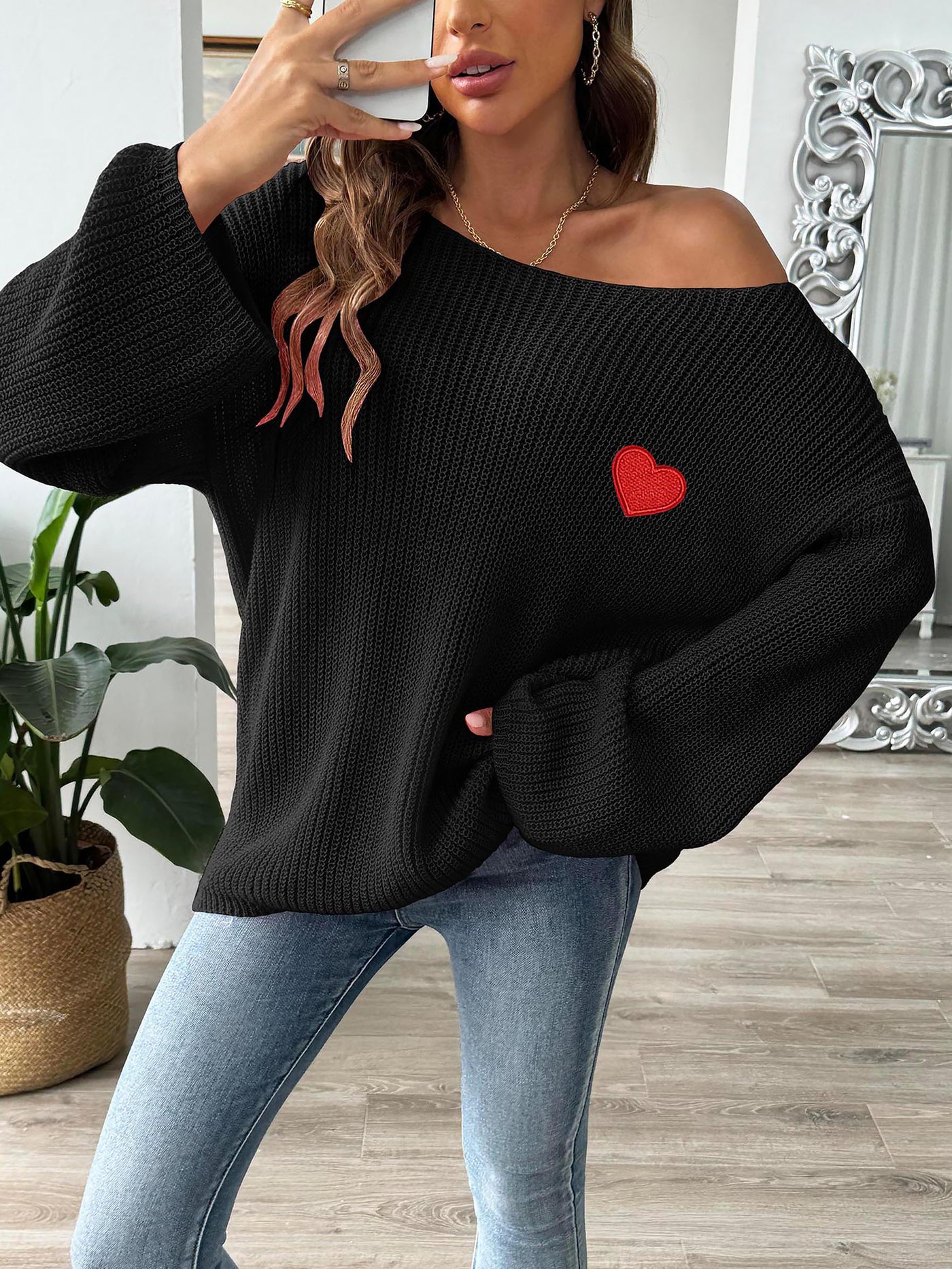 Allegra K Heart Graphic Long Sleeves Pullover Knitted Sweater