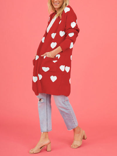 Heart Pattern Pocketed Mid Length Sweater Cardigan