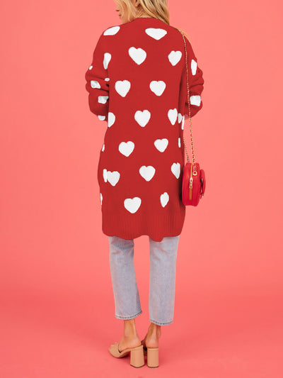 Heart Pattern Pocketed Mid Length Sweater Cardigan