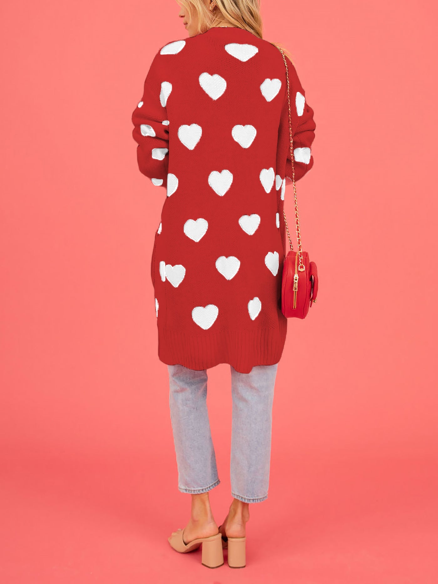 Allegra K Heart Pattern Pocketed Mid Length Sweater Cardigan