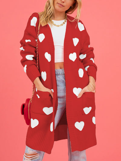 Heart Pattern Pocketed Mid Length Sweater Cardigan