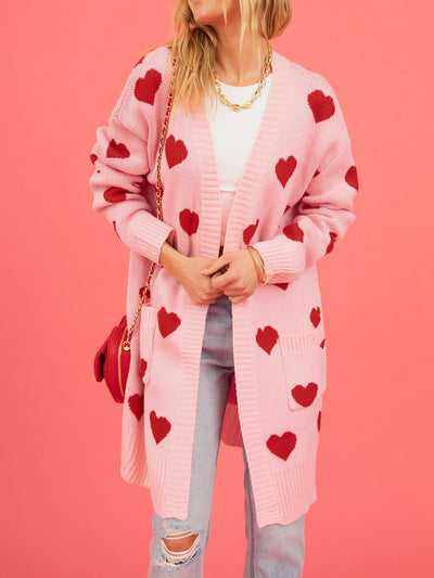 Heart Pattern Pocketed Mid Length Sweater Cardigan