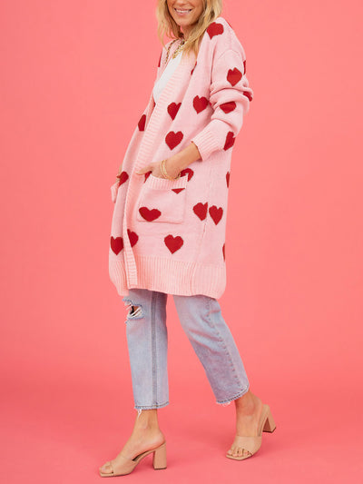 Heart Pattern Pocketed Mid Length Sweater Cardigan