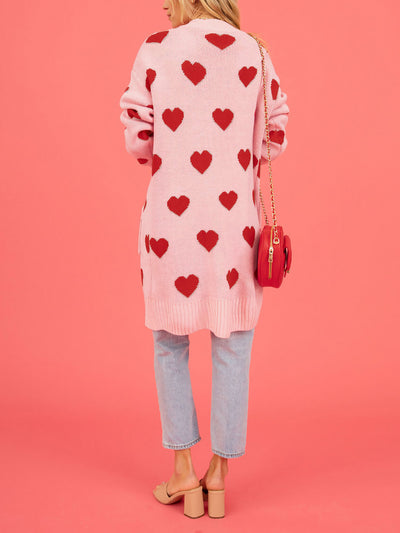 Heart Pattern Pocketed Mid Length Sweater Cardigan