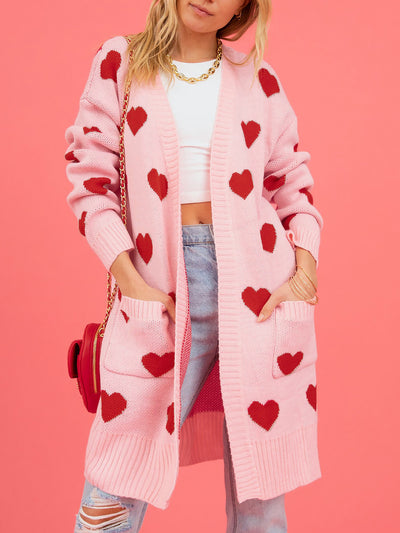 Heart Pattern Pocketed Mid Length Sweater Cardigan