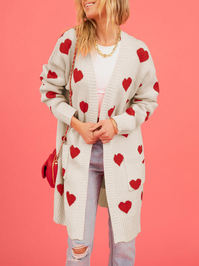 Heart Pattern Pocketed Mid Length Sweater Cardigan