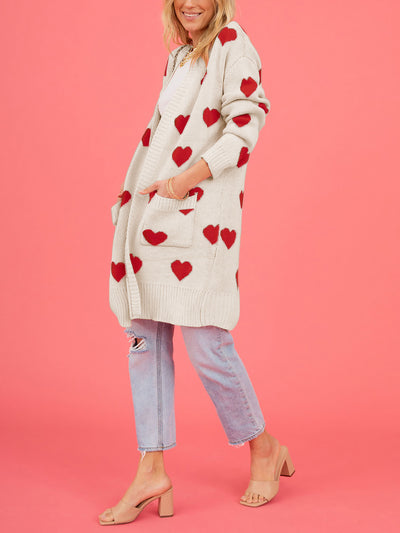 Heart Pattern Pocketed Mid Length Sweater Cardigan