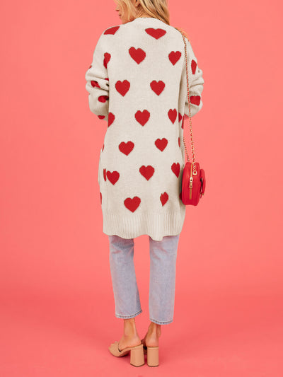 Heart Pattern Pocketed Mid Length Sweater Cardigan