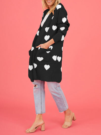 Heart Pattern Pocketed Mid Length Sweater Cardigan