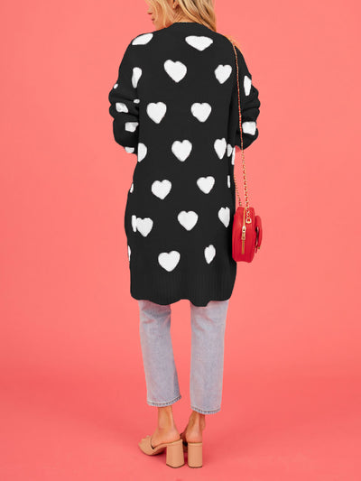 Heart Pattern Pocketed Mid Length Sweater Cardigan