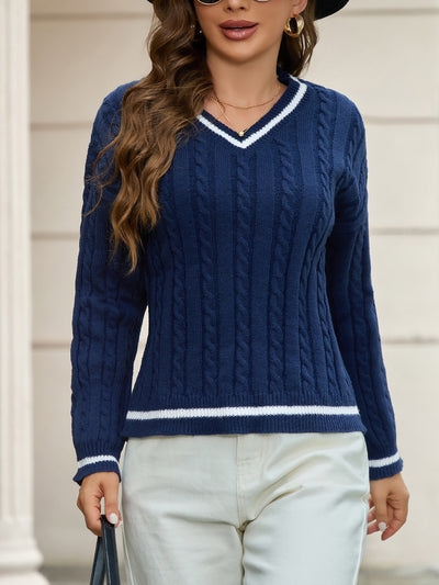 V Neck Colorblock Long Sleeves Pullover Sweater