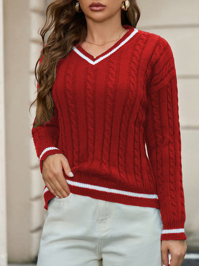 V Neck Colorblock Long Sleeves Pullover Sweater