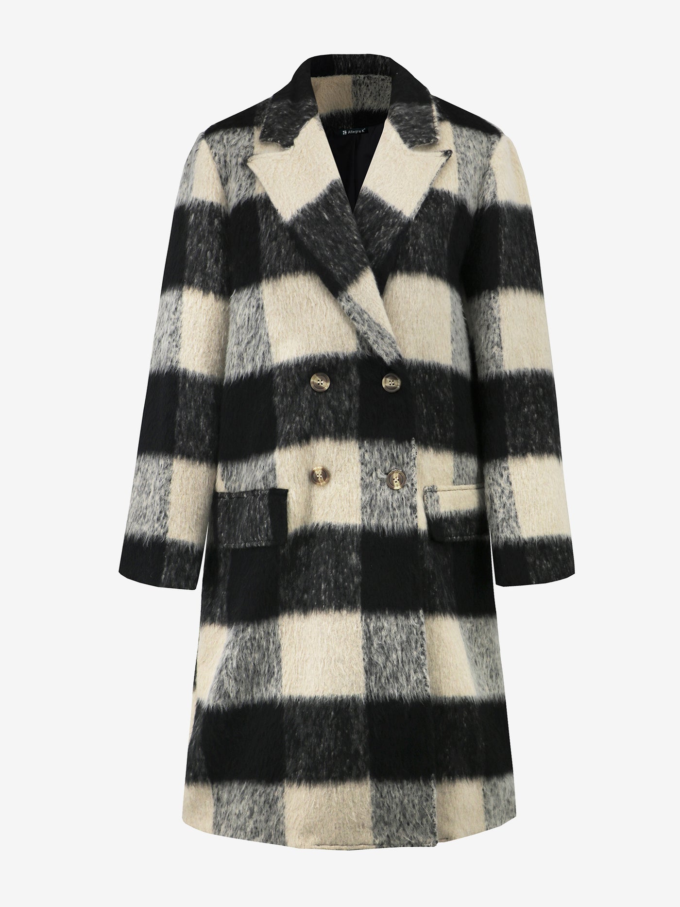 Allegra K Plaid Notched Lapel Double Breasted Long Sleeves Coat