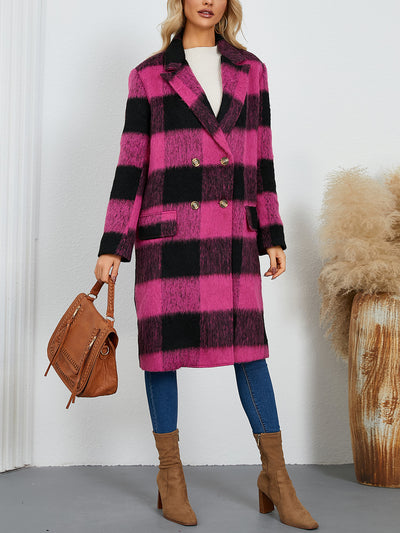 Plaid Notched Lapel Double Breasted Long Sleeves Coat