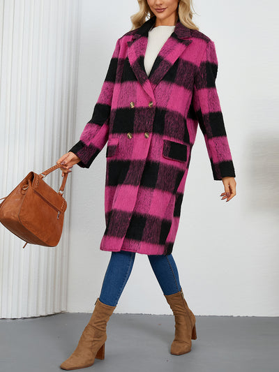 Plaid Notched Lapel Double Breasted Long Sleeves Coat