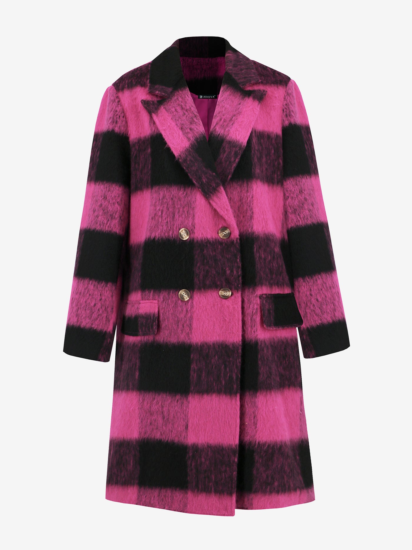 Allegra K Plaid Notched Lapel Double Breasted Long Sleeves Coat