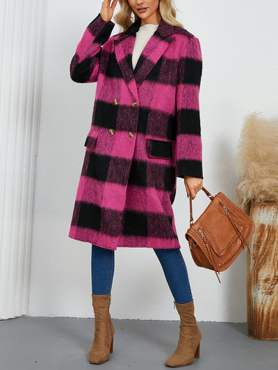 Plaid Notched Lapel Double Breasted Long Sleeves Coat