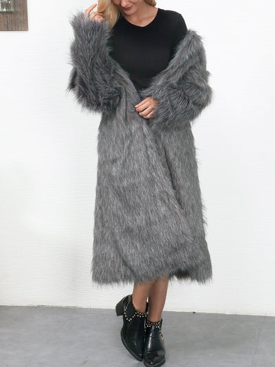 Lapel Faux Fur Long Sleeves Mid Length Coat